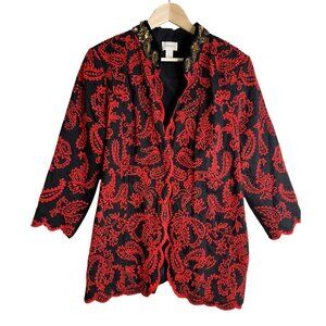 Chico’s Size 2 US 12 L Red Embroidered Paisley Sequin Jacket Blazer Boho Dress